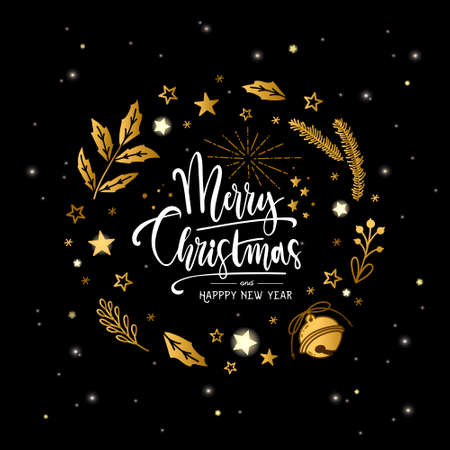 Hand drawn christmas golden wreath with lettering on black background. Christmas wishes. Merry Christmas and Happy New Yearのイラスト素材