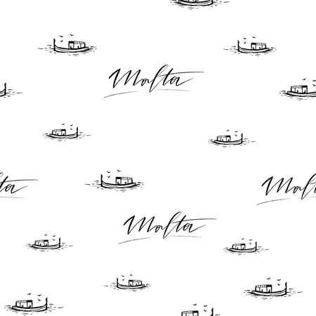 Hand lettering Malta pattern with sketches of boat and seagulls. Handlettering background for paper, fabric, travel cards, travel signs, clothesのイラスト素材