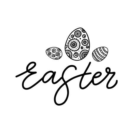 Vector illustration: Brush lettering composition of Easter isolated on white background. With doodle eggs.のイラスト素材