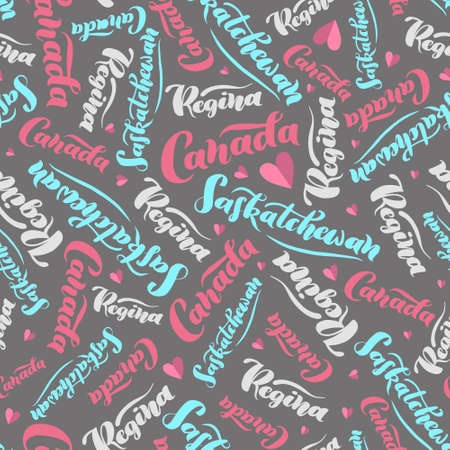 Pattern with lettering of Canada, Saskatchewan, Regina on gray background. Background for tourist information signs, travel guides, tourist signs, cards, souvenirのイラスト素材