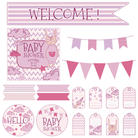 Children's vector set for the birth of a child, birthday. Baby Shower, tags, garland, postcard, sticker.のイラスト素材