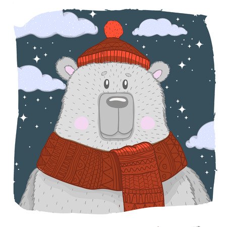 Cute bear in night wearing a hat and scarf. Hand draw illustration animal.のイラスト素材