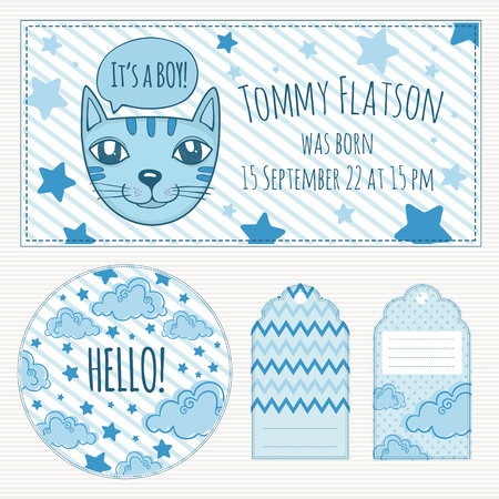 Baby boy shower invitation card template vector illustration. Hand draw.のイラスト素材