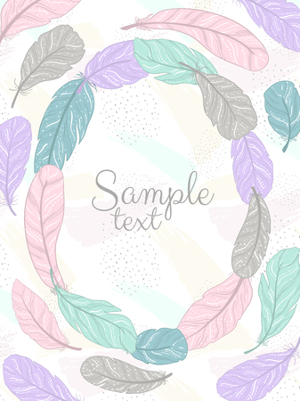 Vector poster with decorative ethnic frame wreath made of feathers. Hand draw illustration. Boho style.のイラスト素材