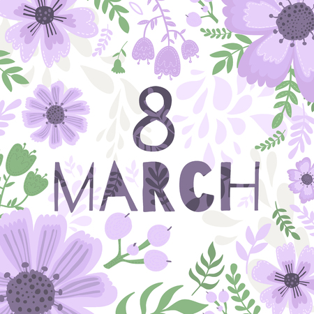 Banner of the International Women's Day. Postcard on March 8 with a decor of flowers, plants and leaves. Hand draw illustration.のイラスト素材