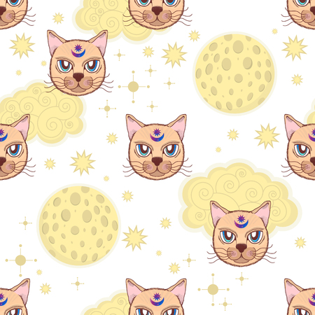 Vector pattern with a cat, moon, stars.  Suitable for postcards, printing, posters, textiles Cartoon styleのイラスト素材