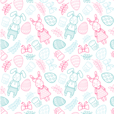 Decorative vector pattern for a holiday Easter. Rabbits girl and boy, eggs, garland, cake, twigs, bow and other elements for design. Hand draw illustration.のイラスト素材