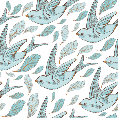 Seamless pattern with swallow birds and beautiful flowers. Vector embroidery for fashion textile and fabric. Hand draw.のイラスト素材