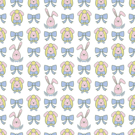 Vector seamless pattern with cute retro icons like bunnies and ribbon for Easter design. Easter background. Pastel colorsのイラスト素材