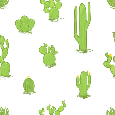 Vector seamless trendy pattern with different cactuses. On a white background. Cartoon illustration.のイラスト素材