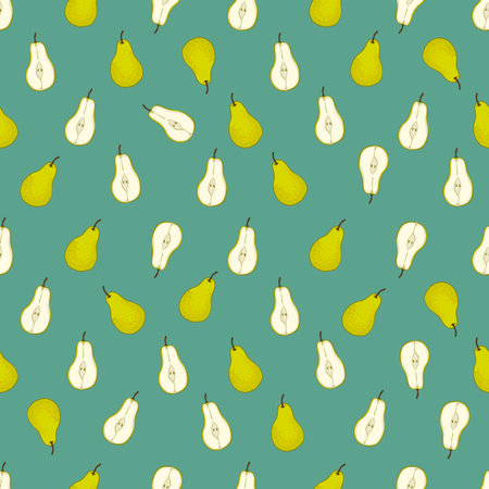 Beautiful vector hand drawn seamless pattern. Green pear fruit. Illustration