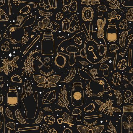 Sketch vector graphic seamless pattern illustration with mystic and occult hand drawn symbols. Magic and esoteric concept. Vintage element freemasonry. Fantasy signのイラスト素材