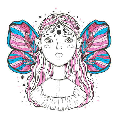 Beautiful young teenage girl, face foreground. Vintage sketch style of drawing. Sketch for tattoo, isolated print on t-shirt. Magical, mystical, ethnic style. Vector illustration.のイラスト素材