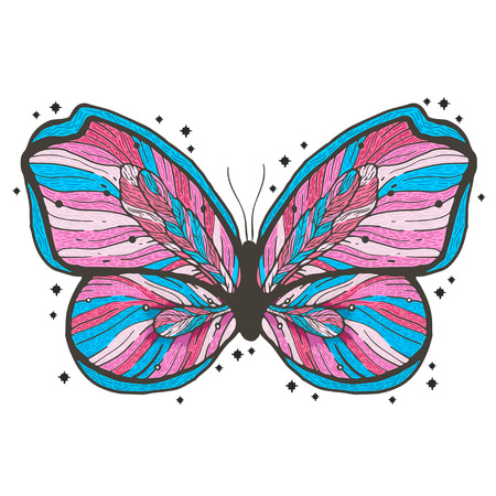 Beauty butterfly hand drawn illustration. Decorative vintage style. Vector doodle element. Print girl romantic.のイラスト素材