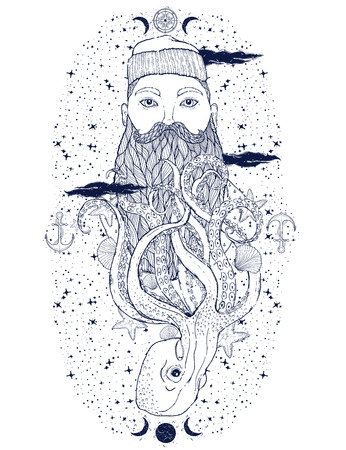 Hand Drawn vintage hipster sailor beard portrait. Old tatoo seaman. Man is an ideal art for print, posters,coloring book, t-shirts and textiles. Mystical image marine. Vector illustration.のイラスト素材