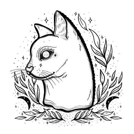 Sketch graphic illustration cat with mystic and occult hand drawn symbols. Vector illustration. Astrological and esoteric concept. Vintage Hands with Old Fashion Tattoos. Black and whiteのイラスト素材