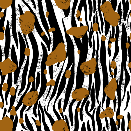 Vector illustration seamless pattern floral animal fur print background. Hand drawn style, texture wallpaper, fashion fabric, textile. Abstract skin pelage. Brush painting.のイラスト素材