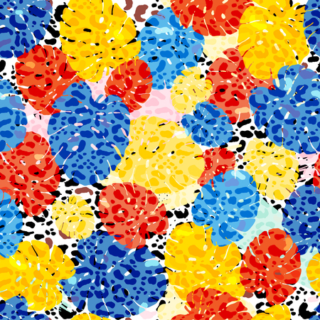 Vector illustration seamless pattern floral animal fur print background. Hand drawn style, texture wallpaper, fashion fabric, textile. Abstract skin pelage. Brush painting.のイラスト素材