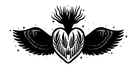 Sketch graphic illustration Beautiful heart with mystic and occult hand drawn symbols. Vector illustration. Vintage Hands with Old Fashion Tattoos.Freemasonry and secret societies emblemsのイラスト素材