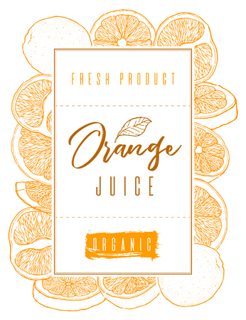 Ink hand drawn frame of orange fruit. Color contour of objects.Food element collection. Vintage sketch. Color label for products, package design Vector illustrationのイラスト素材