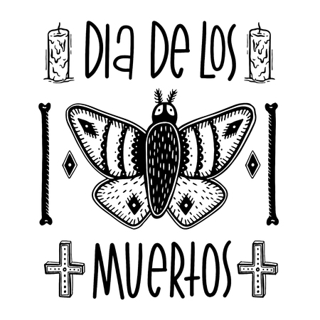 Sketch graphic illustration moth and bones with mystic and occult hand drawn symbols. Vector holiday illustration for Day of the dead or Halloween. Old Fashion Tattoos. Psychedelic style.のイラスト素材