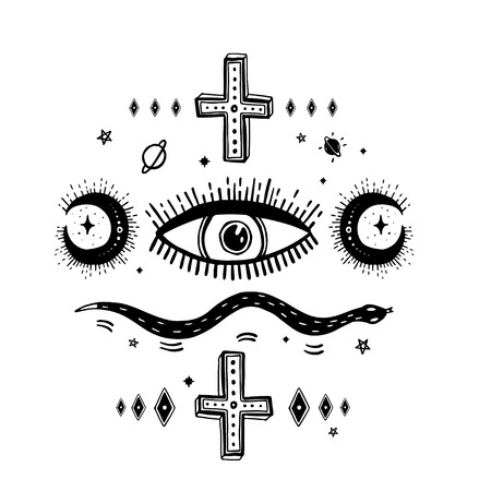Sketch graphic illustration with mystic and occult hand drawn symbols. Vector holiday illustration for Day of the dead or Halloween. Astrological and esoteric concept. Old Fashion Tattoos. Psychedelic style.のイラスト素材