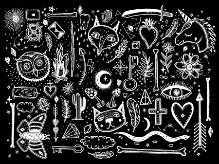 Sketch graphic illustration with mystic and occult hand drawn symbols big set. Vector holiday illustration for Day of the dead or Halloween. Astrological and esoteric concept. Old Fashion Tattoos. Psychedelic style.のイラスト素材