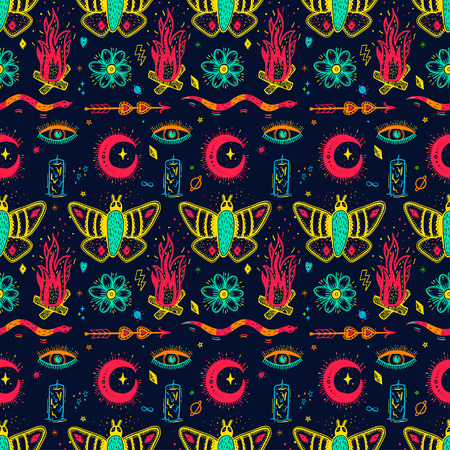 Seamless pattern with magical pattern. Mystical icon hand drawn print. Vector illustration for Halloween. Cartoon styleのイラスト素材