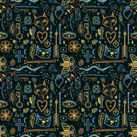 Seamless pattern with magical pattern. Mystical icon hand drawn print. Vector illustration for Halloween. Cartoon styleのイラスト素材