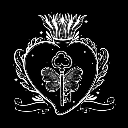 Sacred holy heart Jesus. Sacrament Religion symbol. Mystical icon hand drawn print. Mexico simbol.Vector illustration vintage .のイラスト素材