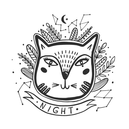 Happy cat drawing. Style drawing doodle. Mystic kitty art. Vector illustration.のイラスト素材