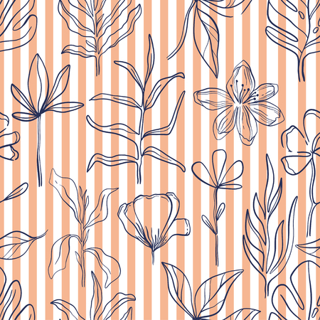 Hand drawn pattern sketch style Wild flowers . Line nature style,Drawing flora,hand drawn botany. Vector illustration.のイラスト素材
