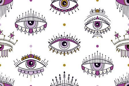 Seamless pattern with eyes magical pattern. Mystical icon hand drawn print. Cartoon style, sign esoteric, inspiration eye. Vector illustrationのイラスト素材