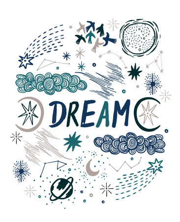 Inspiration card text - Dream sketch hand drawn with space, star, cloud, sun, moon, comet. Doodle style. Elements for design. Vector illustrationのイラスト素材