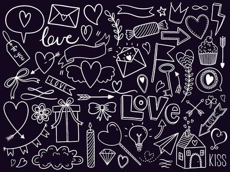 Valentines day doodle set, objects for concept and design, vector illustration flat. Heart, key, bow, crown, sweets, love letter on white background. Hand drawn Holiday sign.のイラスト素材