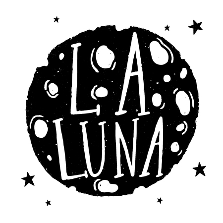 Sketch graphic illustration mystic and occult hand drawn symbols.Speech in moon calligraphic hand drawn lettering of inspirational quote 'La luna'. Vector illustrationのイラスト素材