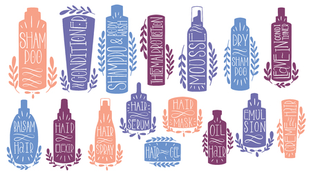Beauty cosmetic makeup set hand draw. Shape cosmetic conditioner, mosse, dryshampoo, text, leavein, balsam, elexir, serum, mask, gel emulsionshampoo oil Label Hand made production Vector illustrationのイラスト素材