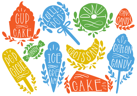 Candy set vector illustration. Shape cupcake,icecream,donut, popcicle, cottoncandt, lollipop, croissant Stamp icon hand drawVector illustrationのイラスト素材