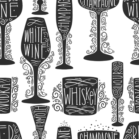 Seamless pattern of silhouette images of glass glasses for different drinks. Shape stemware lettering text. Vector illustrationのイラスト素材