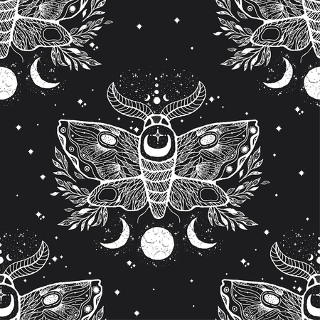 Vector seamless pattern with moth butterfly.Hand-draw illustration. Design tattoo art. With mystic and occult hand drawn symbols. Decoration drawing.のイラスト素材
