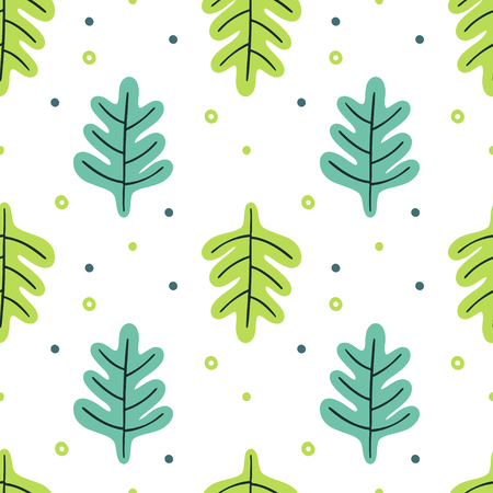 Leaves flat set. Seamless pattern Tropical plants isolated on white background. Nature simple green floral. Minimal style fantasy. Vector illustration.のイラスト素材