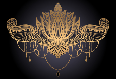 Lotus flower ethnic symbol. Gold gradient color in black background.Tattoo design motif, decoration element. Sign Asian spirituality,norvana and innocence.Vector illustration.のイラスト素材