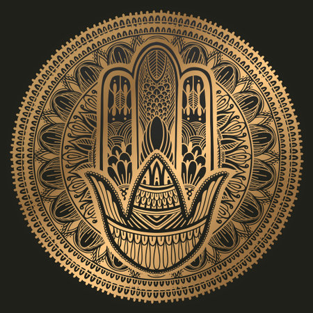 Hamsa talisman religion Asian. Gold gradient color graphic in black background. Symbol of protection and talisman against the evil eye.Vector illustrationのイラスト素材
