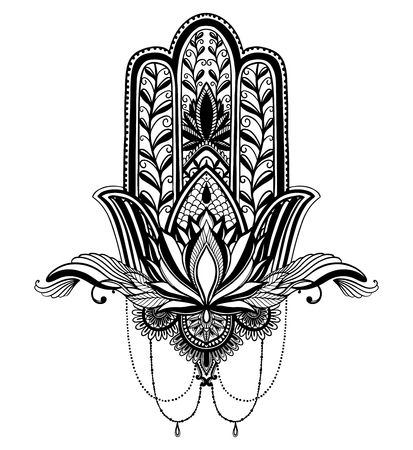 Hamsa talisman religion Asian. Black color graphic in white background. Symbol of protection and talisman against the evil eye.Tattoo motif.Vector illustrationのイラスト素材