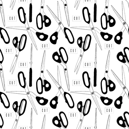 Professional Scissors Cutting tailors pattern Vector Line Drawing. cut paper,simple line shape. Graphic black and white.Different angleのイラスト素材