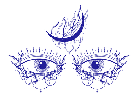 Mystic eyes sight and moon month illustration, esoteric sign,magic life. Vintage old style, graphic line. Isolated in white background. Hand drawn vector.のイラスト素材