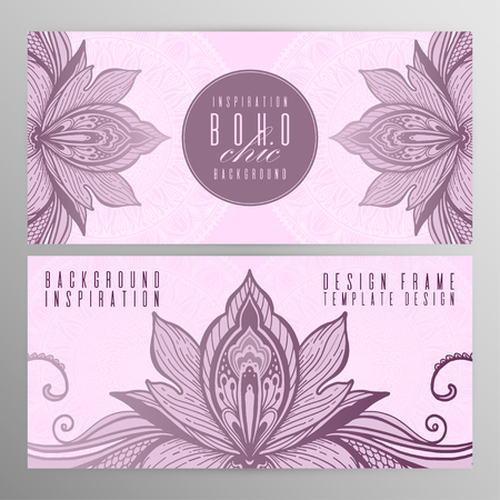 Vector vintage mandala lotus card set pink color. Oriental design Layout. Islam, Arabic, Indian, ottoman motifs. Front page and back page. Ethnic design. Boho chic style.のイラスト素材