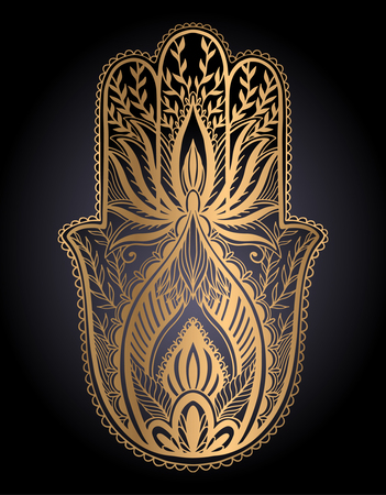 Magic Talisman hamsa religion Asian. gold color graphic in black background .Tattoo motif. Vector illustrationのイラスト素材