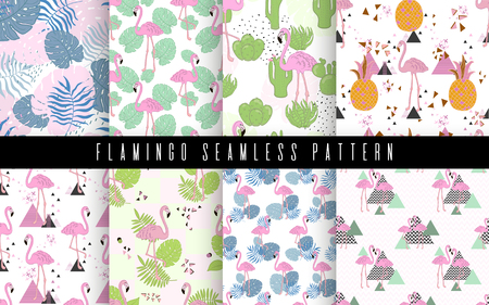 Seamless flamingo and leaves tropic pattern vector illustration. Background beauty tropical print. Summer paradise. Elegant designのイラスト素材
