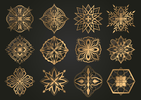 Islamic ornament vector gold design,persian motif.Gold graphic color in black backgroundRamadan islamic round pattern elements . Geometric template set. Circular ornamental arabic symbols.Arabic symbol.のイラスト素材